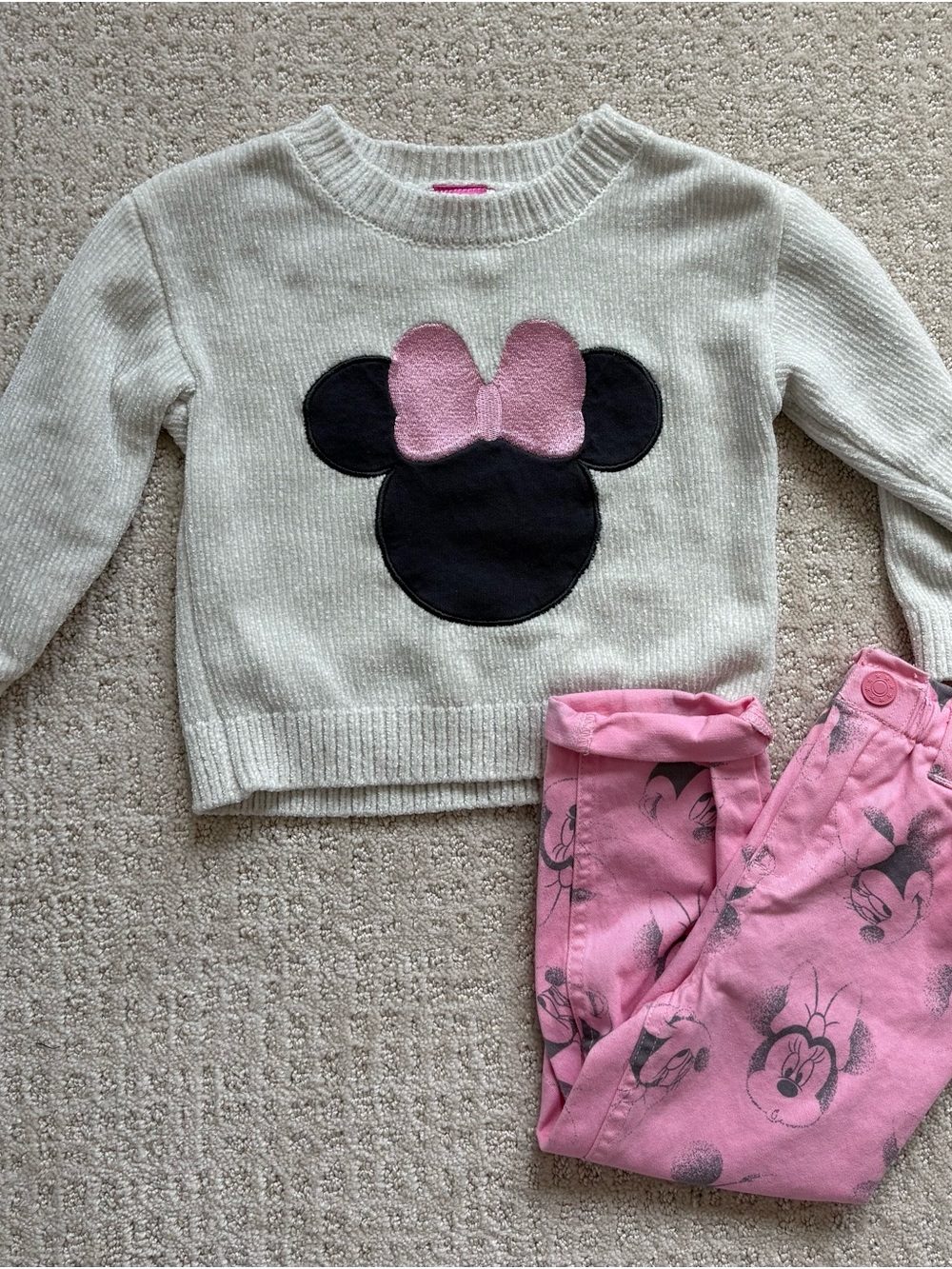 Disney Junior Girls Cream Knit Sweater with Black Minnie Silhouette and Pink Bow